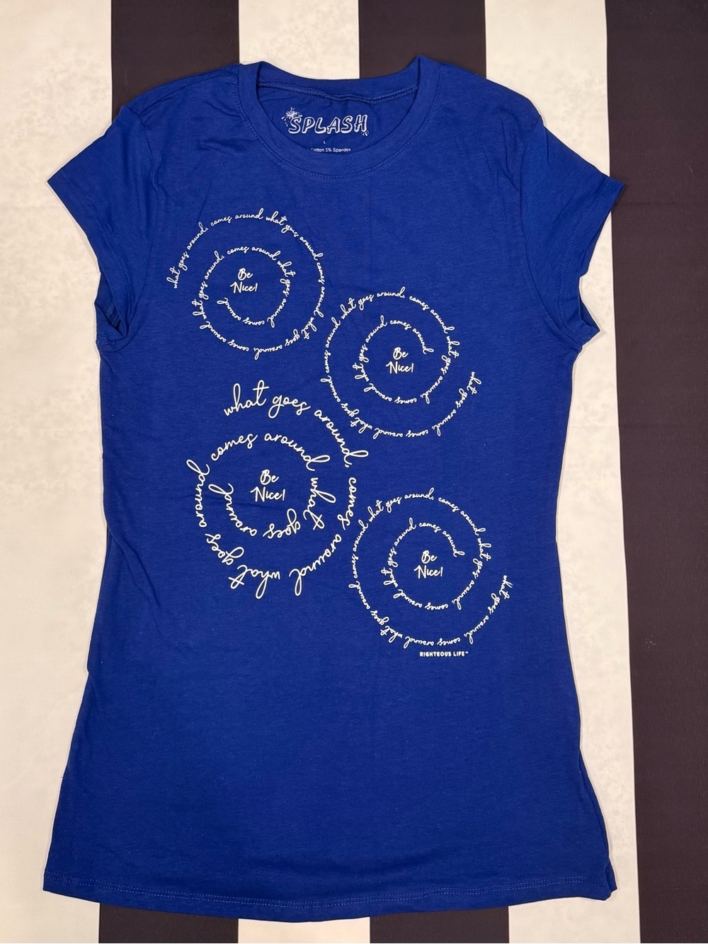 Splash Blue Graphic Tee with White Script Spirals